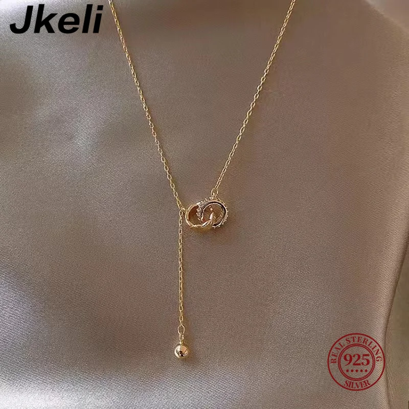 Jkeli Bicyclic ri Korean Exquisite Pavé Crystal Geometry S925 Sterling Silver Pendant Necklace Women Fashion Charm Party Jewelry