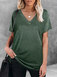 Women Fashion Solid Color Tee Shirts Casual V Neck Short Sleeve T-Shirts Ladies Summer Basic Chic Knitted Top