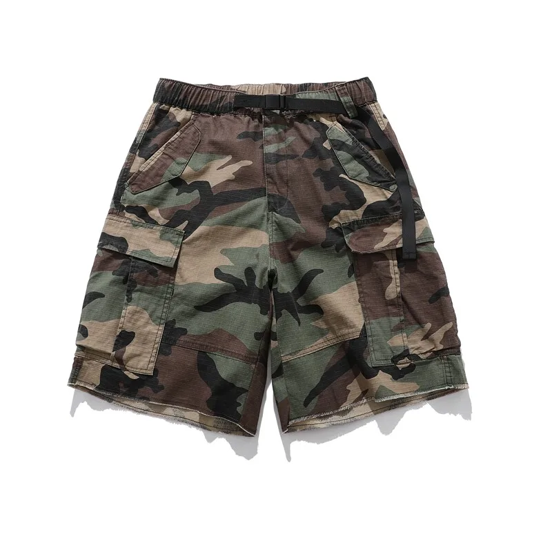 26SS Summer Lightweight American Casual Cityboy Cargo Shorts Knee-Length Retro Multi-Pocket Streetwear Techwear Grey Camo Shorts