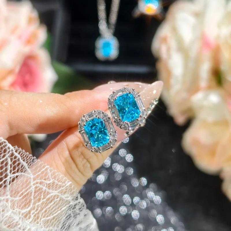 Luxury Bright Sea Blue Zirconium Comparable to Ice Flower Cut Three-Piece Suit Wedding Bridal Banquet High-Grade Jewelry