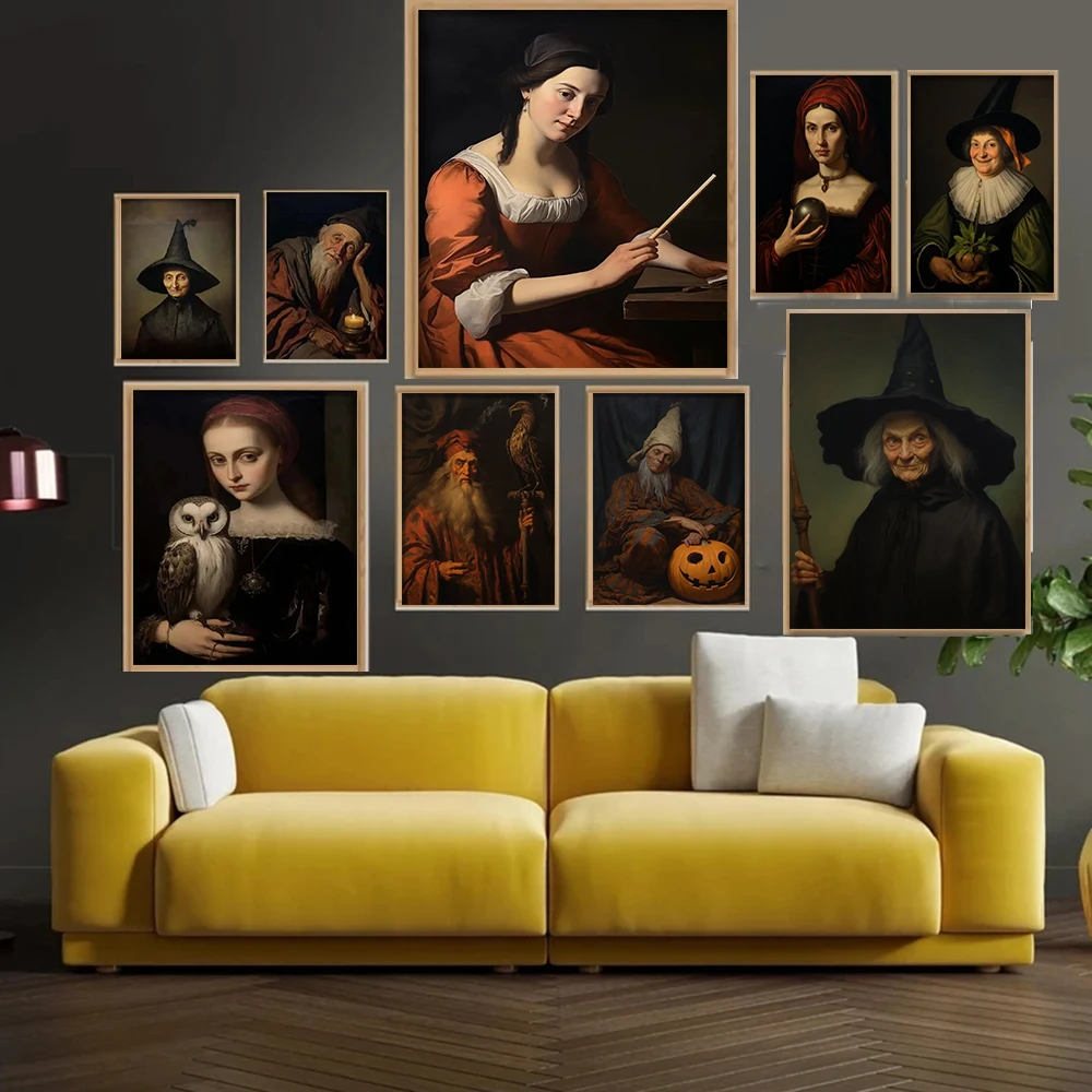 Retro Gothic Wizard and Witches Portrait Poster Print Dark Magic Academy Character Canvas Painting Halloween Wall Art Home De