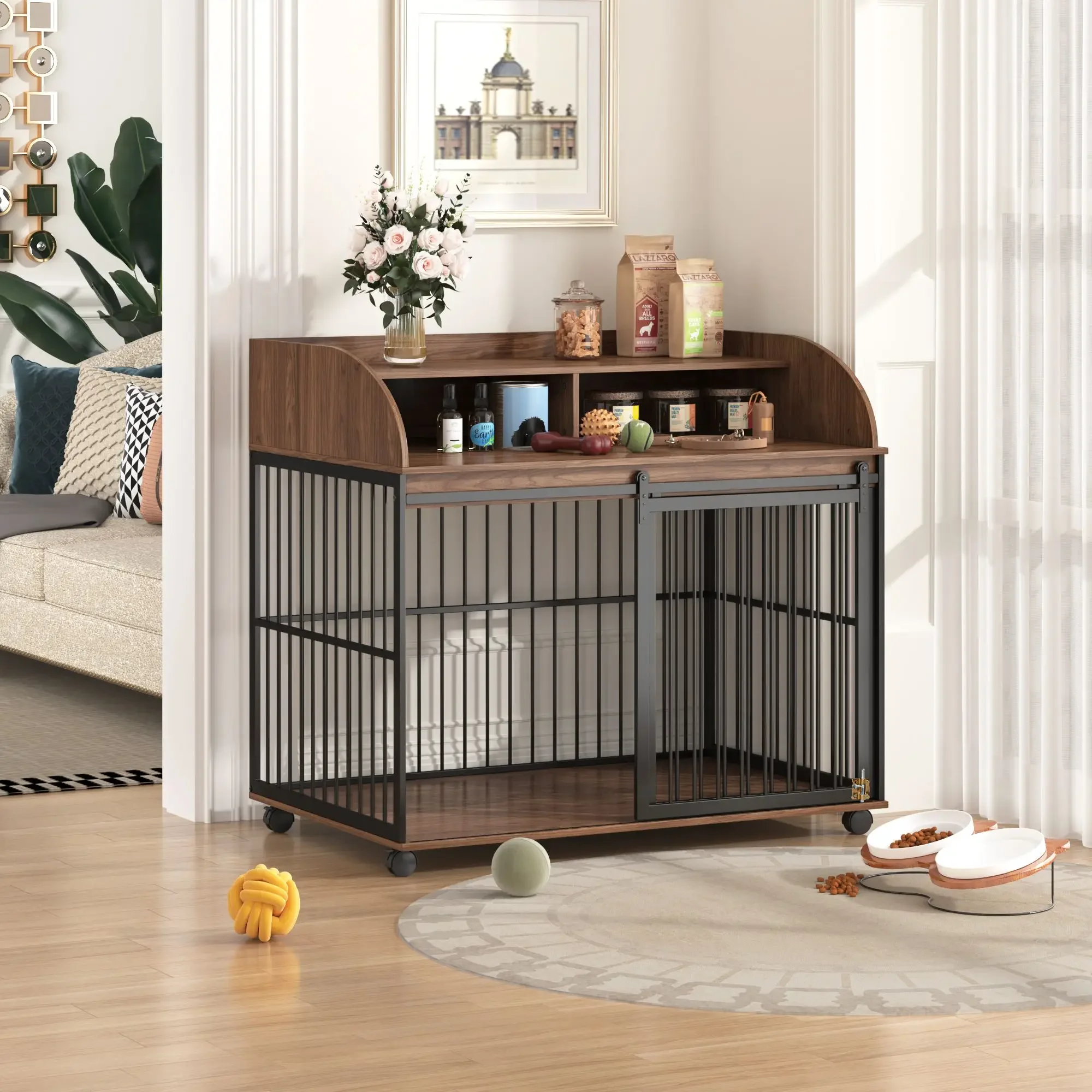 

44'' Heavy Duty Large Dog Crate Furniture for Large Medium Dog with Lockable Wheels,Wooden Dog Crate , End Table Crate