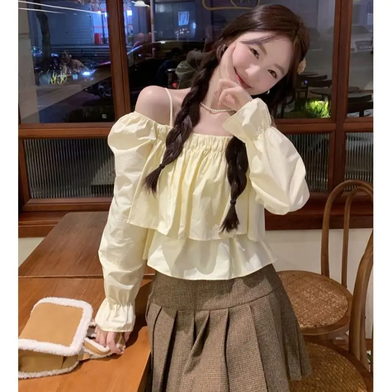 Square Collar Women Shirt Korean Style Long Sleeve Top Female Autumn Sweet Ruffles Fashion Woman Blouse 2024 Ladies Clothes New