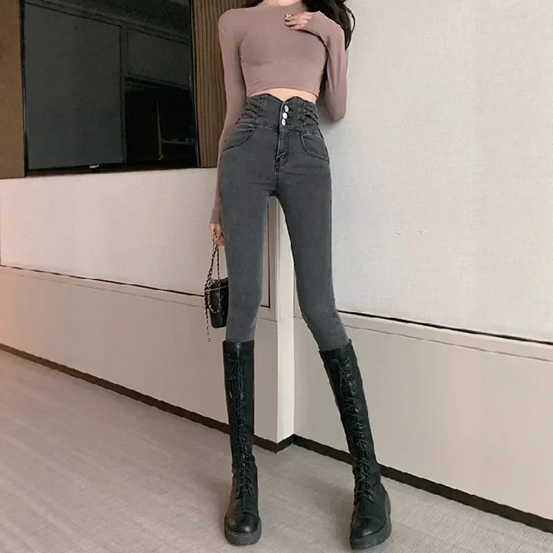 Dżinsy damskie z wysokim stanem, dopasowane, elastyczne, o długości do kostek, spodnie o kroju ołówkowym, na wiosnę i jesień, w kolorze szarego dymu, podkreślające długość nóg.