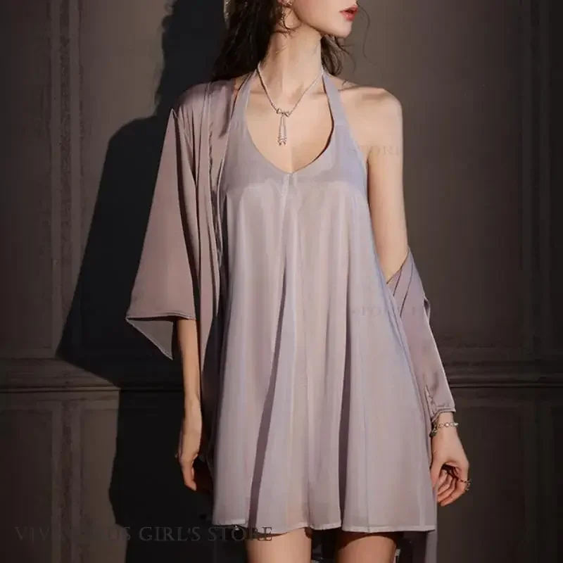 

Шелковистый атласный комплект-двойной халат, комплект во французском стиле, женская ночная рубашка, нижнее белье, весна-лето, новая одежда для сна, сексуальная ночная рубашка, домашняя одежда