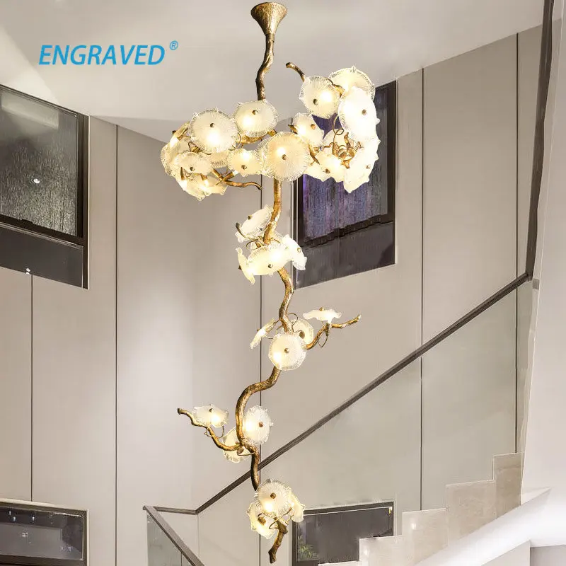 

Creative Chandelier for Living Room Villa Hall Staircase Ceiling Lamp Copper Glass Lampshade Chinese Style Lighting Fixture