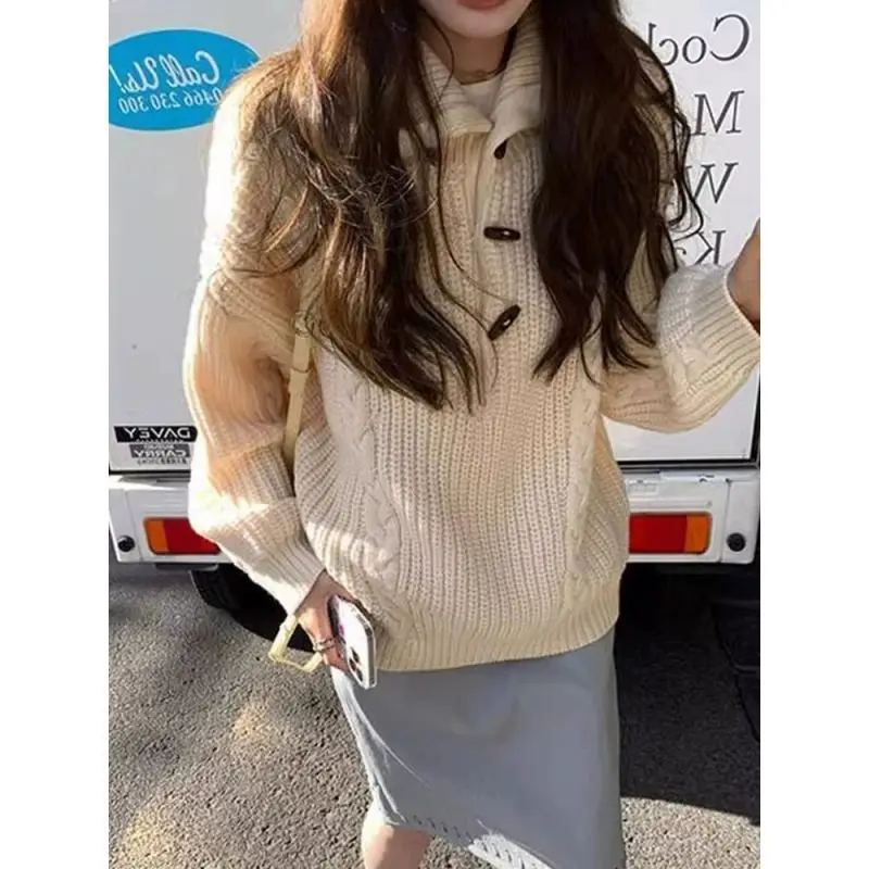 

2025 Autumn/Winter New Style Twisted Knit High-neck Premium Top Loose Casual Buttoned Pullover Sweater