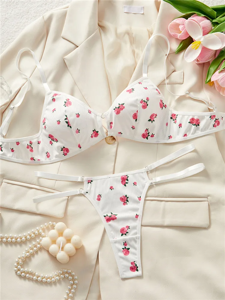 

Sexy Bra Brief Sets Seamless Printed Romantic Lingerie Floral Double Straps Underwear Fashion White Female Flowers Exotic Set