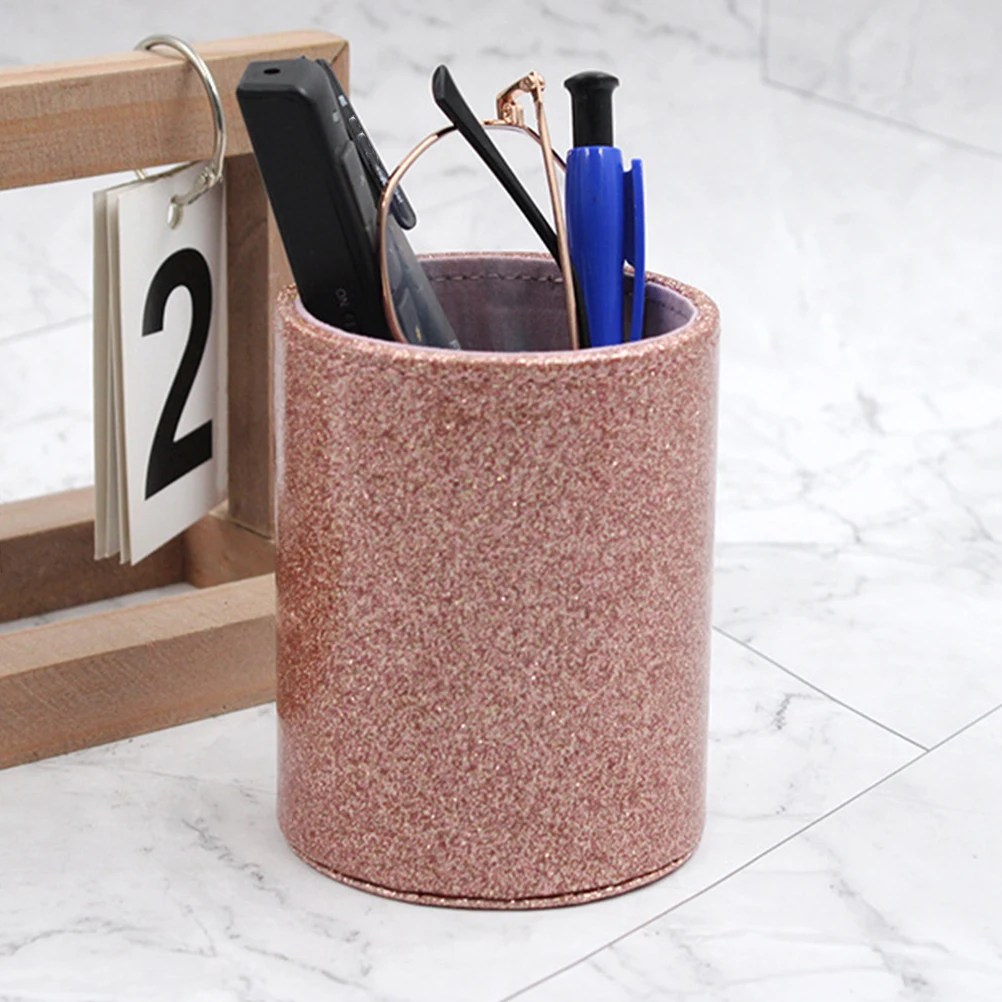 

Glitter Pen Cylinder Pen Holder Pink Pu Desk Pencil Cup Makeup Brush ganiser Strong Storage Solution