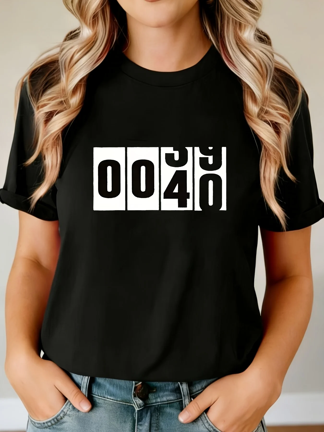 Women Birthday Commemorative Letter Print Black Round Neck Short Sleeve T Shirt Special Ceremony Celebration Atmosphere Element