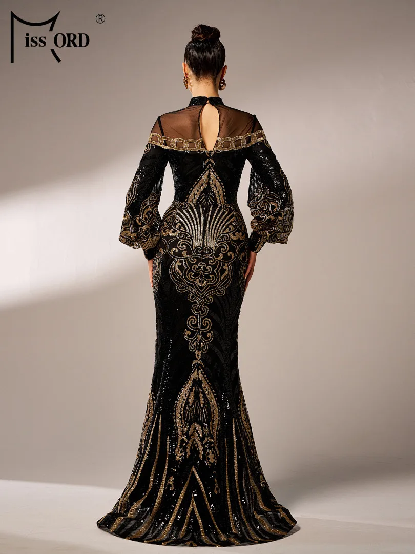 Missord Plus Size Round Neck Long Sleeve Sequin Mermaid Evening Gown Wedding Birthday Party Formal Occasion Floor Length Dresses