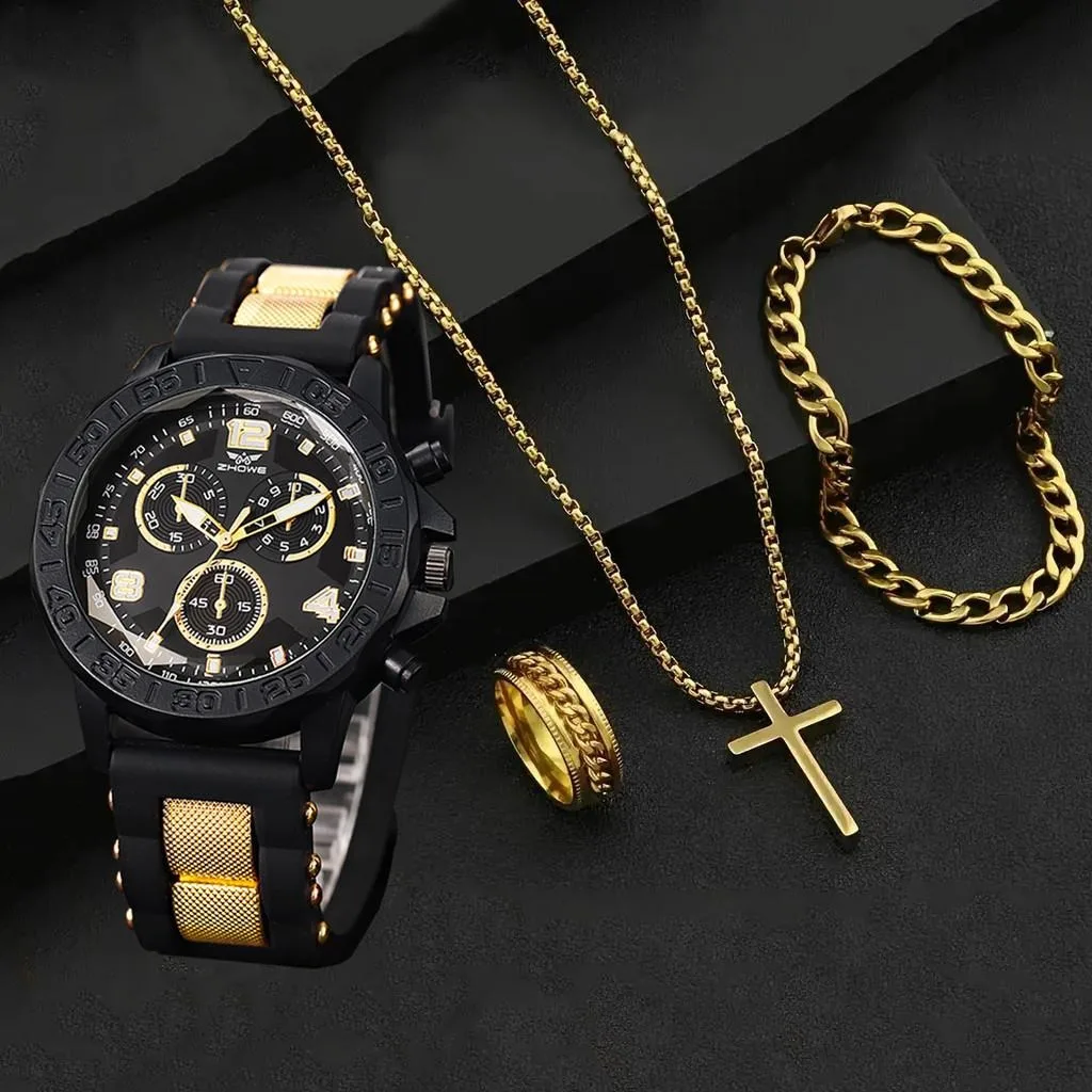 남성용 시계 세트, 패션 캐주얼 고무 3 다이얼 쿼츠 시계, 무료 목걸이 팔찌 반지, 4 개