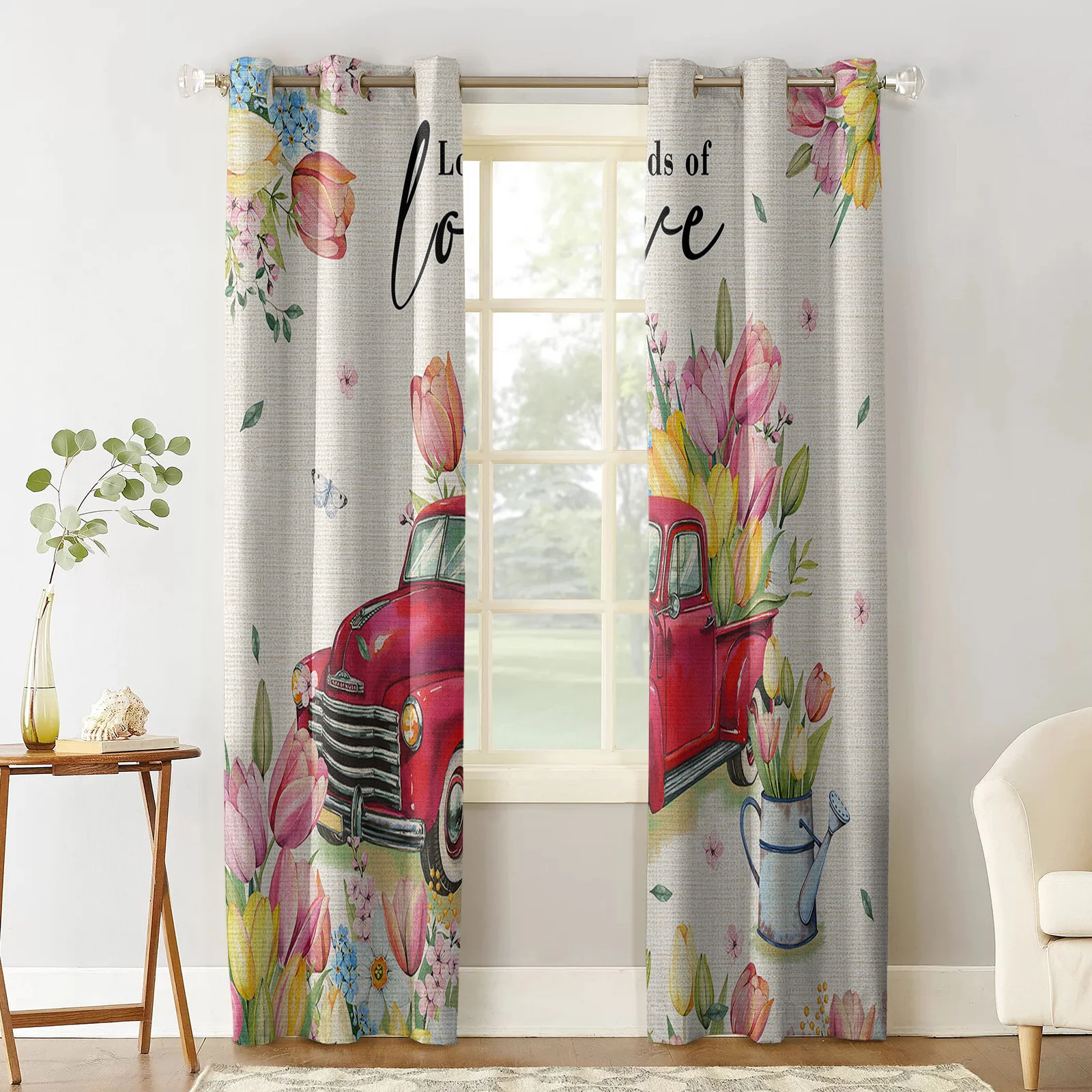 Spring Tulip Flower Truck Butterfly Bedroom Curtains Modern Living Room Kitchen Drapes Home Kids Room Decor Window Curtains