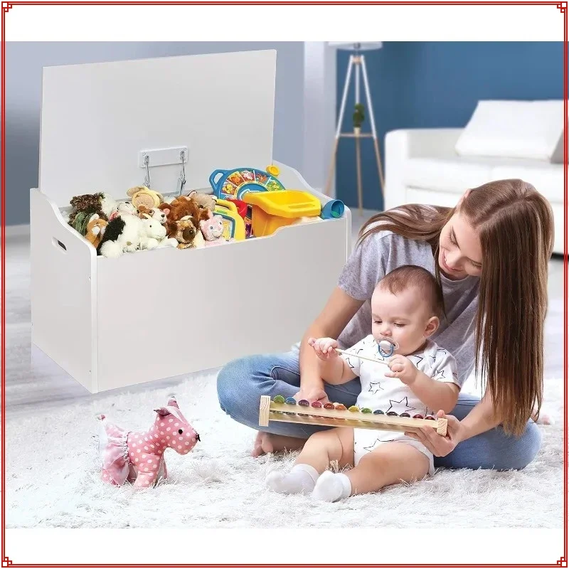 مقعد تخزين ألعاب آمن للأطفال خشبي - أبيض مع مفصلات أمان ومقابض لتنظيم غرفة اللعب #6