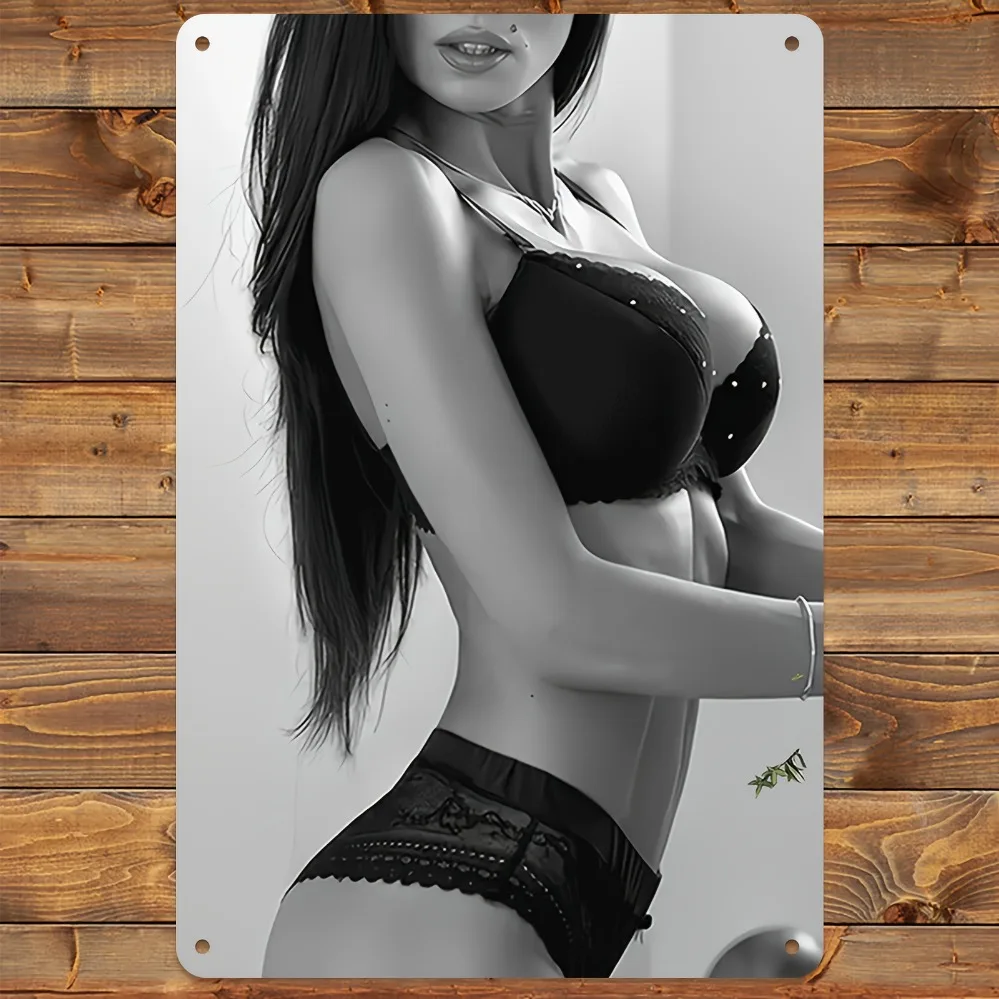 Sexy Blonde Woman Black Lingerie 2D Flat Poster Metal Tin Sign 8x12in