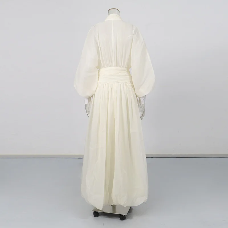2026 Neuer Sanfter und Süßer Stil Langes Kleid mit Tiefem V-Ausschnitt, Laternenärmeln, Überkreuzter Taille und Vollem Rock Vestidos De Mujer – Detail 8