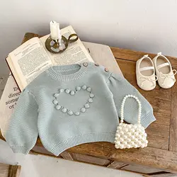 Baby Girl Sweater 2023 Newborn New Sweet Handmade Ball Knitted Casual Solid Color Love Pattern Degisn Hollow Out Pullover O-neck