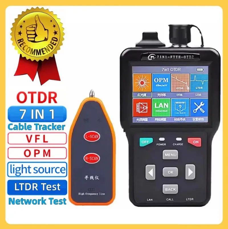 Mini OTDR Fiber Optic Reflectometer, 7 Functions, VFL, OLS, OPM, Event Map, 60km Fiber Cable, Ethernet Tester