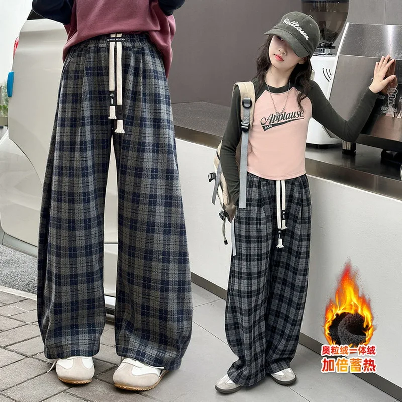 

Новые зимние детские утепленные брюки из клейкого риса для детей-подростков, винтажные утолщенные термобрюки в клетку, спортивные штаны для девочек