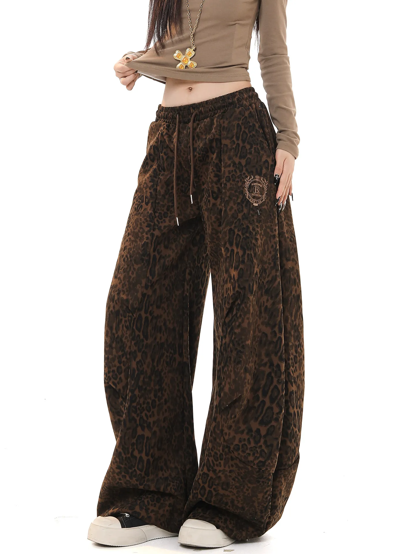 

American Sle Leopard Print Embroidery Bae Casual Pants Women's Spring Autumn Loose High Waist Versatile Drapey Wide Leg P...