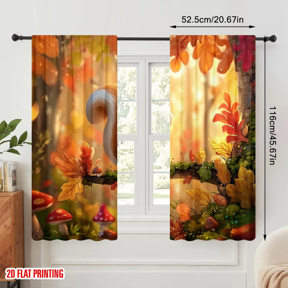 2pcs,2D plane printing Window Curtain Squirrel in Autumn Versatile Fabric (without rod) All Seasons Use for Living Room & Office