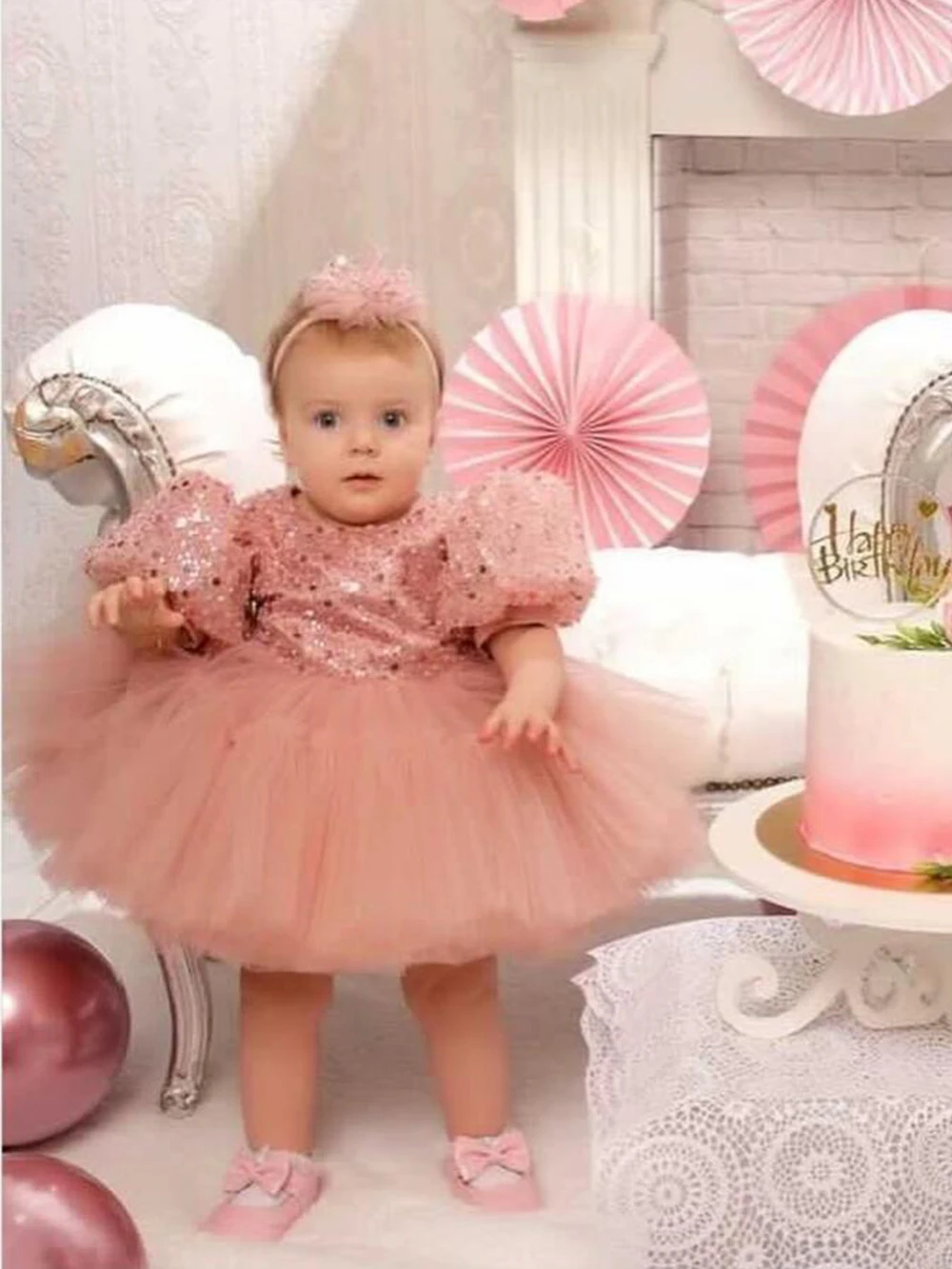 Vestido de una pieza para niña, conjunto de lentejuelas con mangas de burbujas, falda hinchada de hilo, vestido de boda para cumpleaños