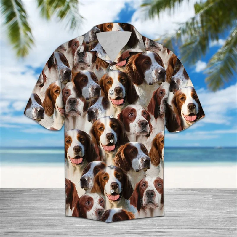 Kemeja Hawaii Pola Setter Merah dan Putih Irlandia Kemeja Cetak 3D Anjing Lucu Kasual Musim Panas Blus Kekasih Anjing Pakaian Sehari-hari Longgar