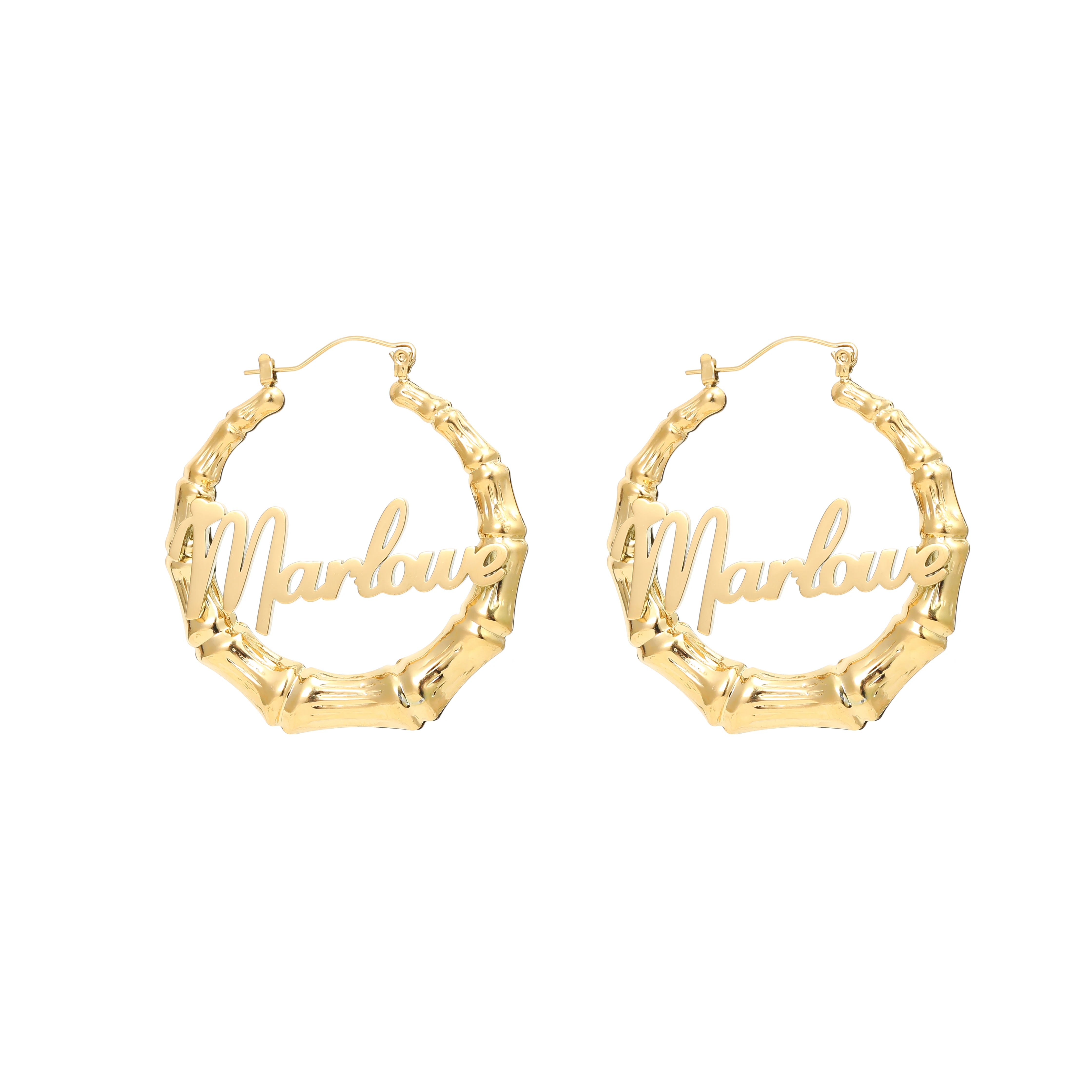 Pendientes de bambú grandes personalizados para mujer, aretes con nombre personalizado, diseño dorado, joyería de acero inoxidable, regalos