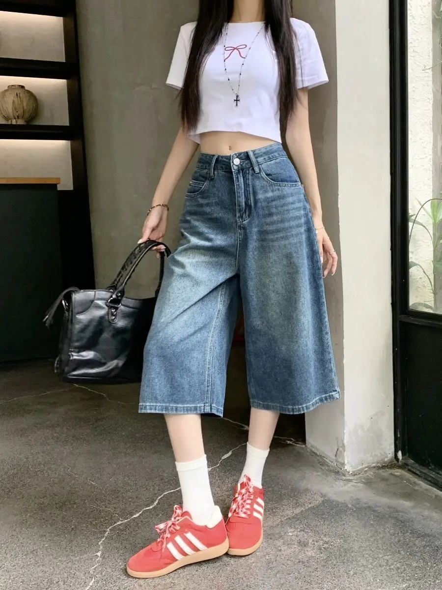 Calças Jeans Vintage Estilo Americano para Mulheres, Y2K, Soltas, Lavadas, de Cintura Alta, Comprimento até o Joelho, Moda de Rua, Shorts de Perna Larga