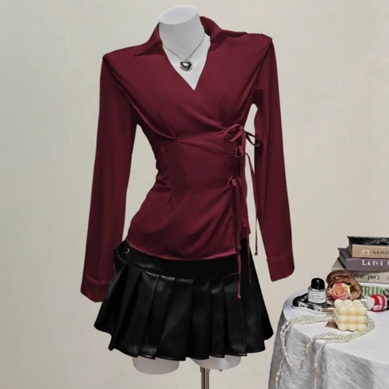 

Summer V Neck Bandage Blouse Harajuku Women's Solid Color Slim Fit Blusas Sexy Y2K Girls Gothic Street Style Casual Solid Tops