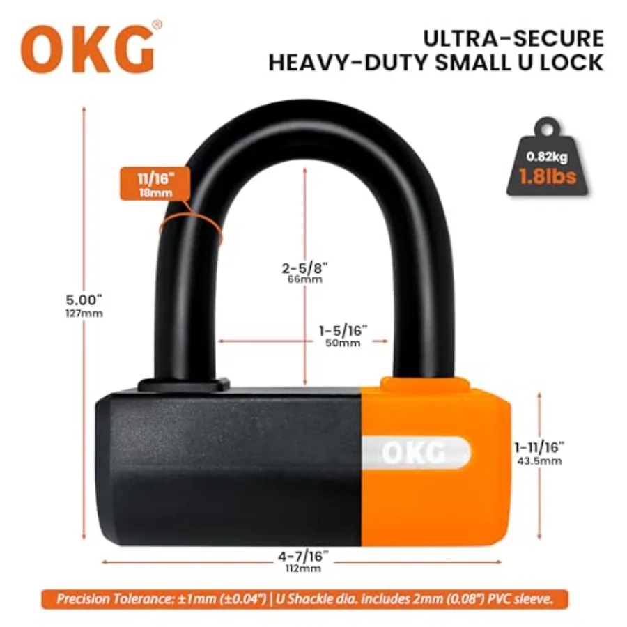 OKG Heavy Duty Small U Lock 18mm Anti-Cut Manganese Alloy Steel U-Shackle Dual-Deadbolt Anti-Theft Motorcycle Lock for eBike AT