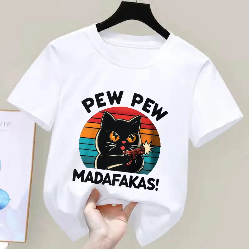 Cute Hand-Drawn Cat Doodle Print 100% Cotton T-Shirt, Ultra Soft Kids Round Neck Short Sleeve Tee for Boys and Girls