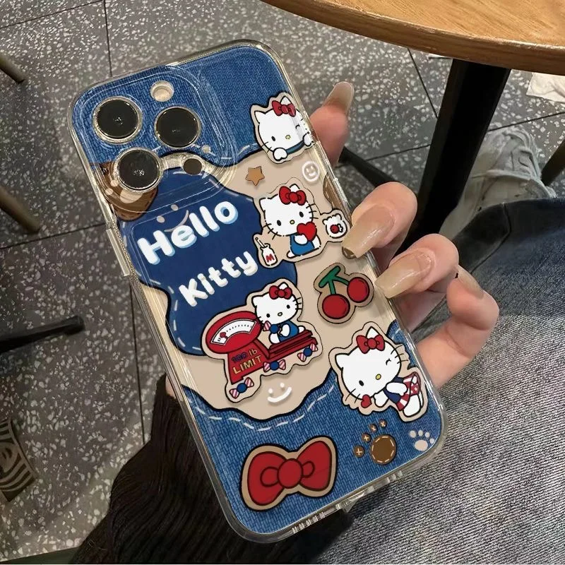 Cute Cowboy Cherry Hello Kitty Anti Fall TPU Soft Phone Case For iPhone X XS XR 11 12 13 14 15 16 Pro Max Cartoon Milk KT Cover