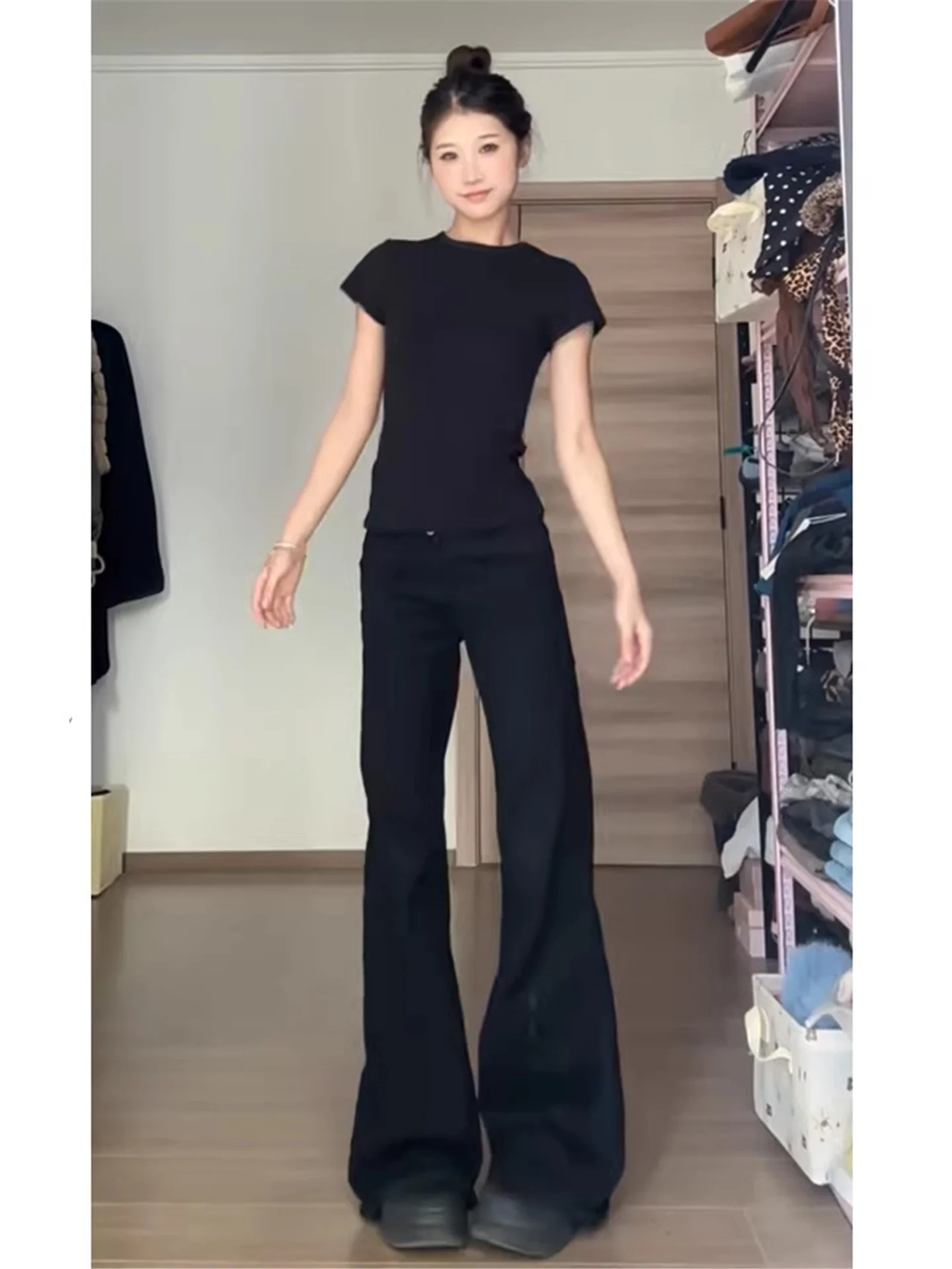 Low Waist Bell Bottom Jeans Women's Loose Drapey High Waist Extended Non-Matching Leggy Hot Girl Floor-Length Pants