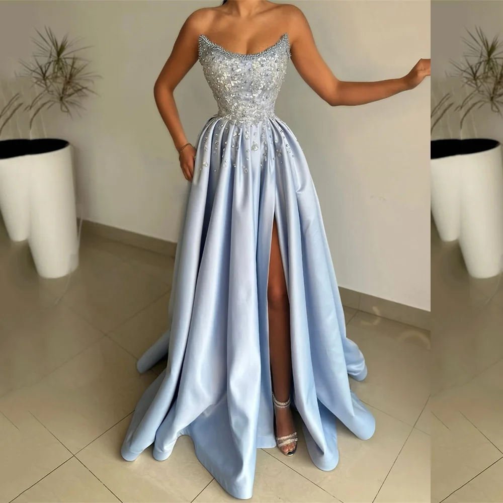 Strapless A-line Backless Pleat Pearls Prom Gown High Slit Satin Sleeveless Evening Dresses Sweep Train فساتين سهرة فخمه