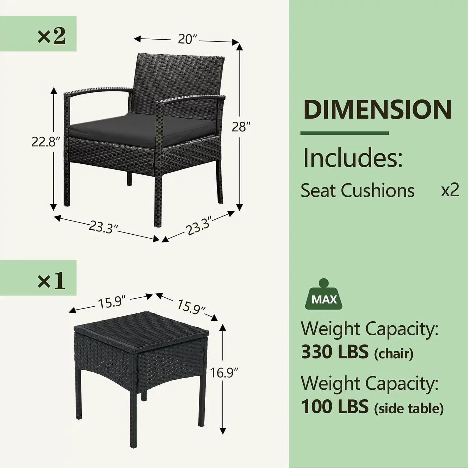 Conjunto de cadeiras de conversa de vime para pátio, 3 peças, conjunto de móveis para varanda e pátio ao ar livre, conjunto de pátio de vime para varanda de jardim