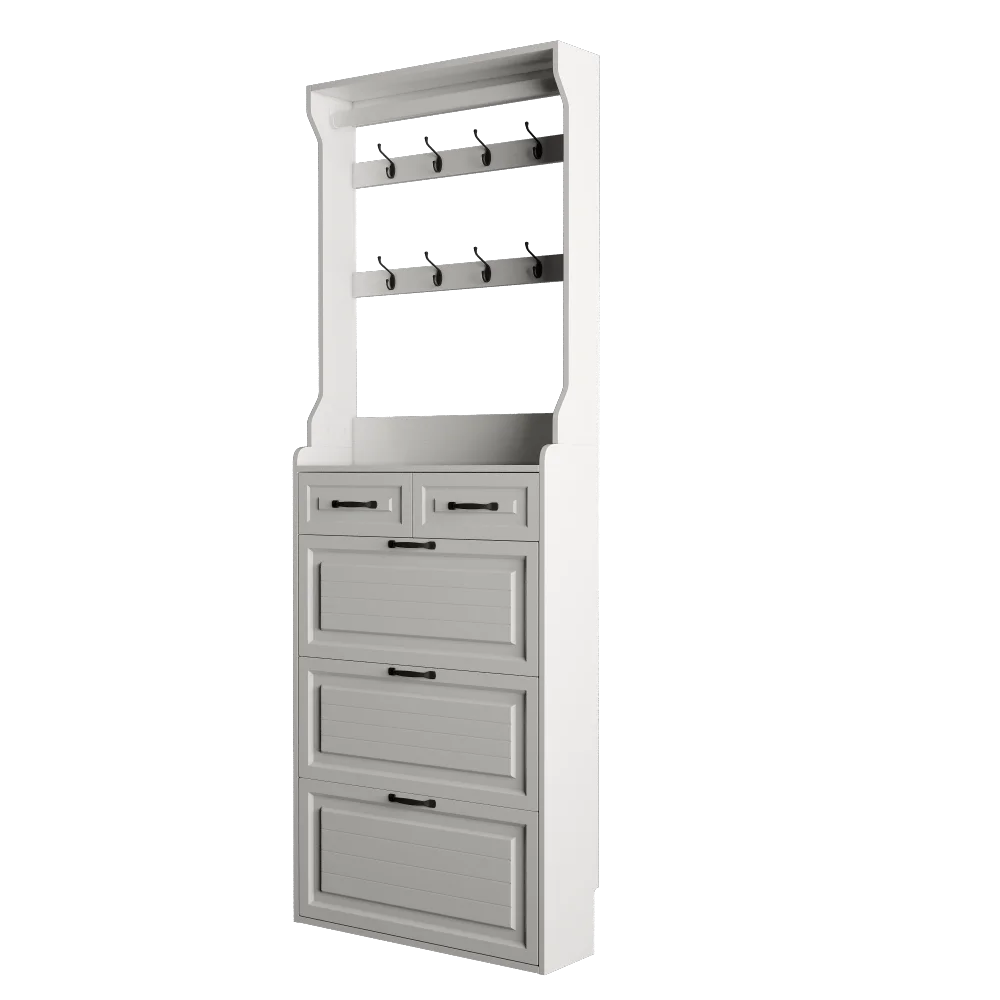 

White color shoe cabinet with 3 doors 2 drawers with hanger,PVC door with shape, large space for storage