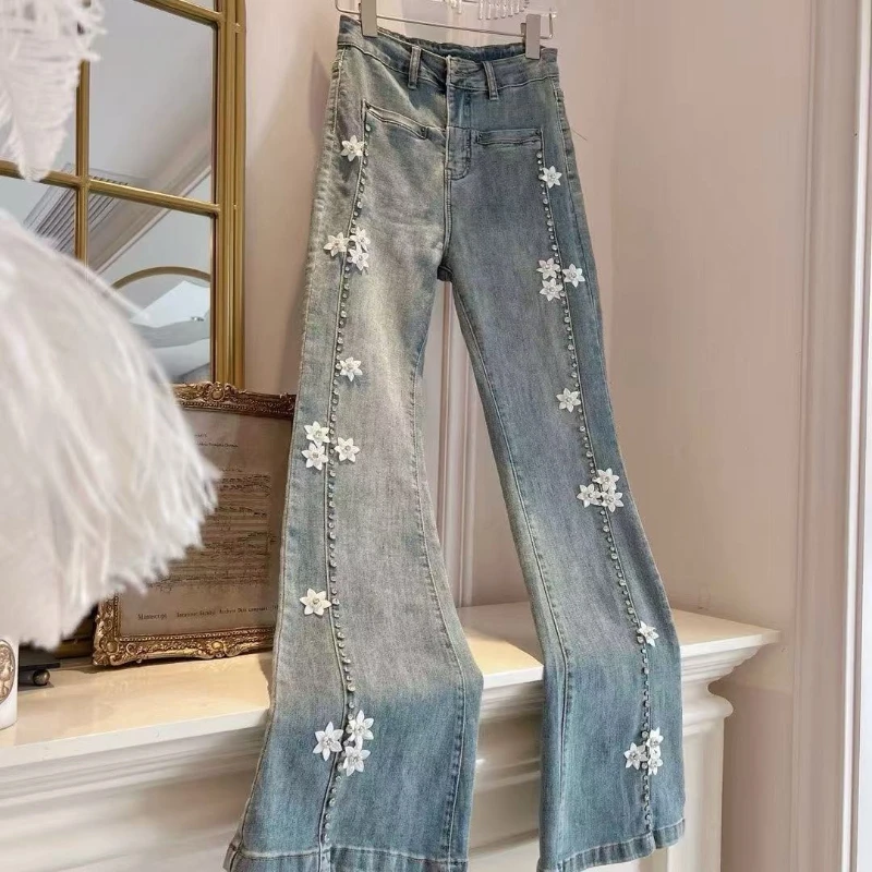 

Spring Fall Women High Waisted Rhinestone Appliques Flowers Stretchy Blue Flare Jeans , Woman Slim Denim Trousers
