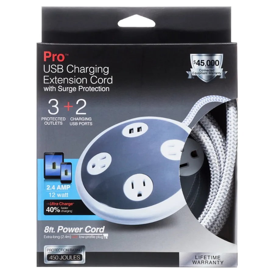 

3-Grounded Outlet Sur Orb with USB 8 ft. Gray - 41386 for Home Office and Living Room Use Offers Multiple USB Charging Ports an