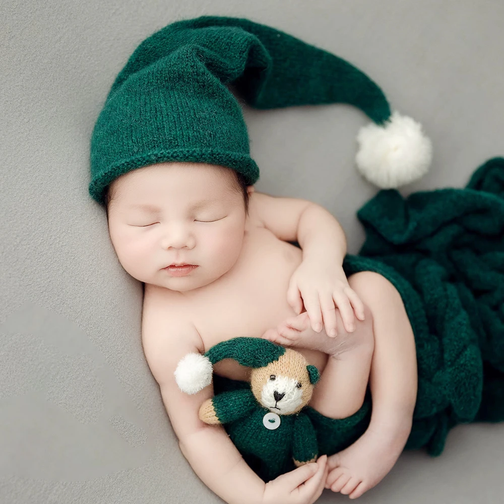 

Knitted Newborn Hat Stuffed Bear for Photography Props Pompom Newborn Bonnet Baby Photo Shoot Accessories Christmas Baby Boy Hat