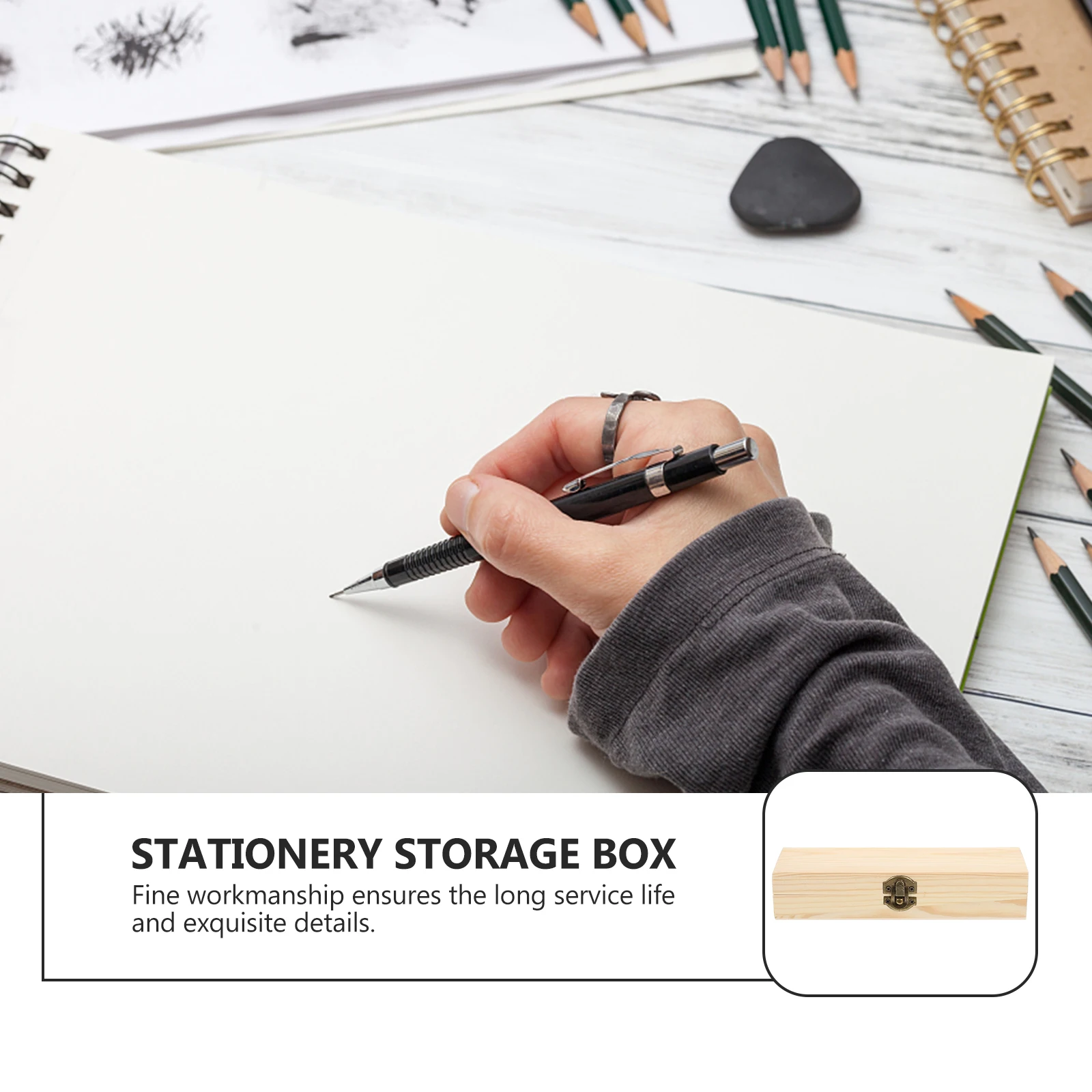 

1pc Wooden Stationery Box Storage Container For Pencil Pen Holder Oblong Box Student Home Office Durable Compact Alloy Buckle