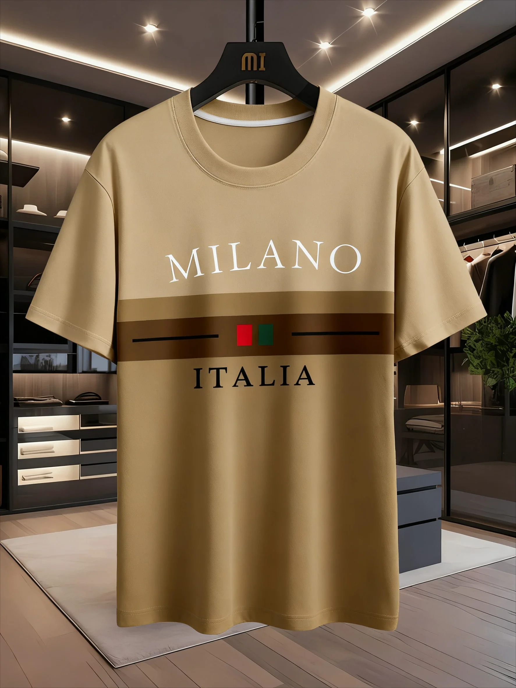 البوليستر قصيرة الأكمام عارضة طاقم الرقبة المحملة ميلانو إيطاليا طباعة الرجال تي شيرت منتظم صالح طفيف تمتد النسيج مخطط نمط