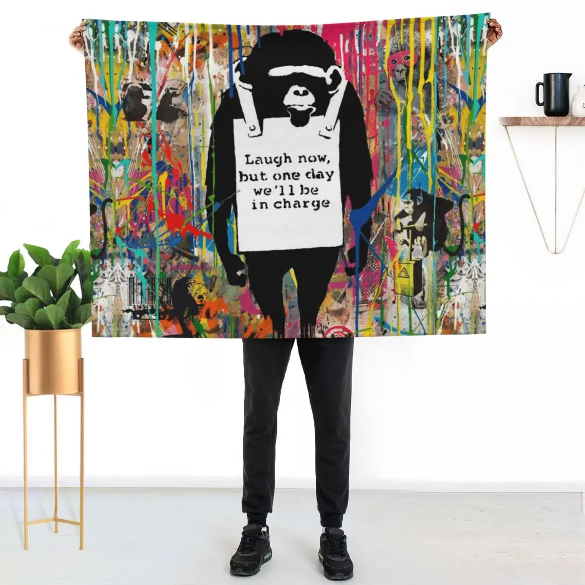 Banksy Animals Graffiti Stencil Art Collage Laugh Now Chimp Throw Blanket Warm Large Hair For Sofa Thin Soft Blankets