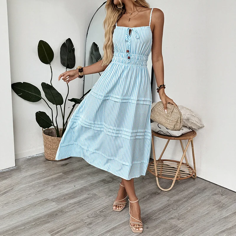 

Camisole Dresses Striped Sleeveless Dress Ankle Length Loose Fit Vestidos Slight Strech Summer Spliced 2025 Beach Style
