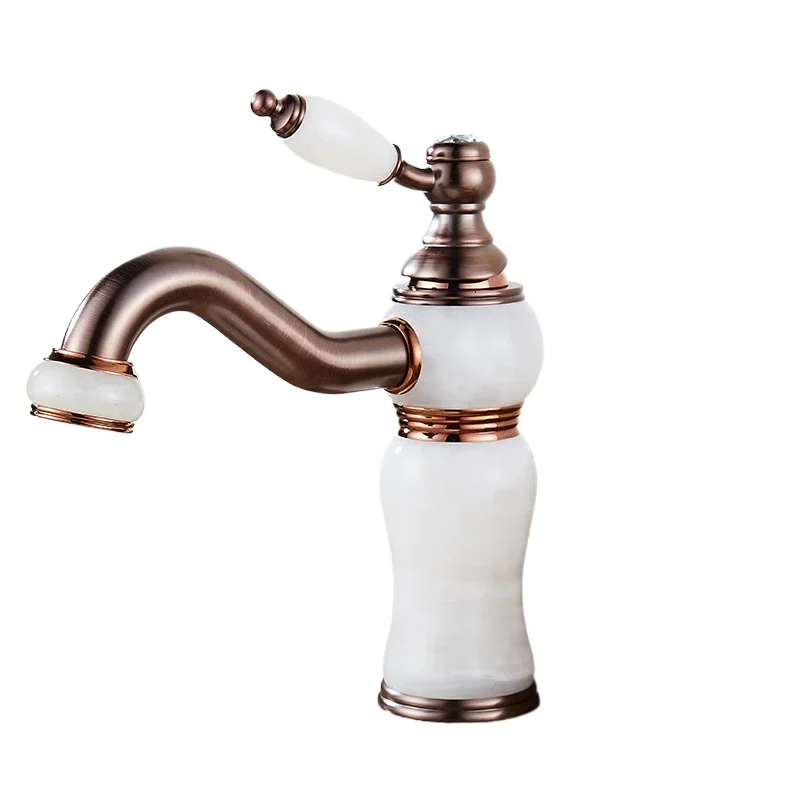 

American all-copper natural jade basin hot and cold faucet, European antique brown bronze undercounter basin faucet