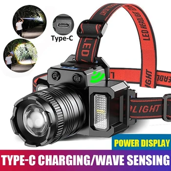 슈퍼 브라이트 LED 센서 헤드램프, USB C 충전식 헤드라이트, LED 헤드 토치, 내장 배터리, 캠핑 낚시 랜턴, T51 