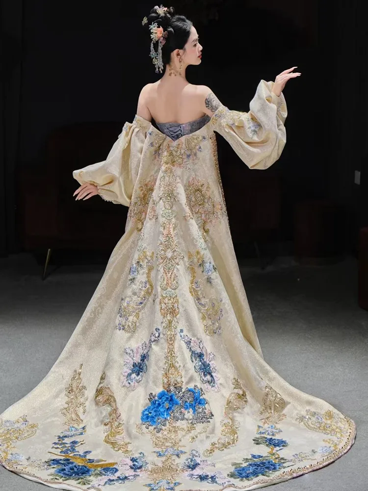 Blue and gold new style Chinese-style heavy industry toasting dragon phoenix clothing