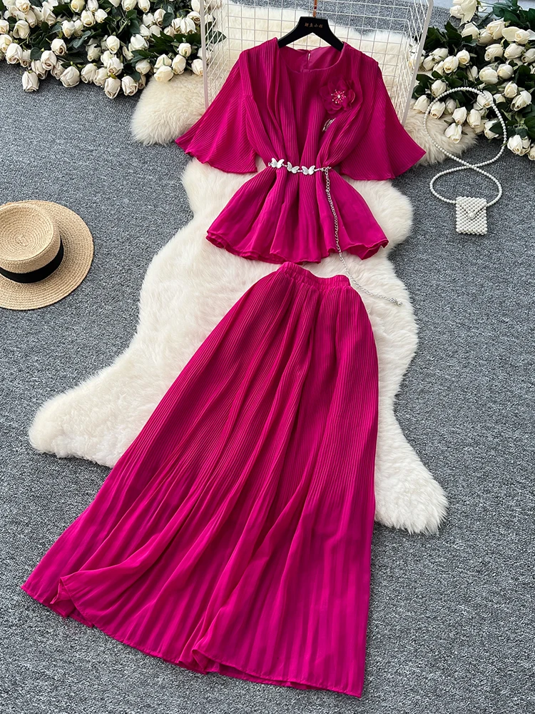 Summer New Women's Skirt Chiffon Two-piece Set Three-dimensional Flower Trumpet Sleeve Top+ Pleated Large Swing Skirt Set C259