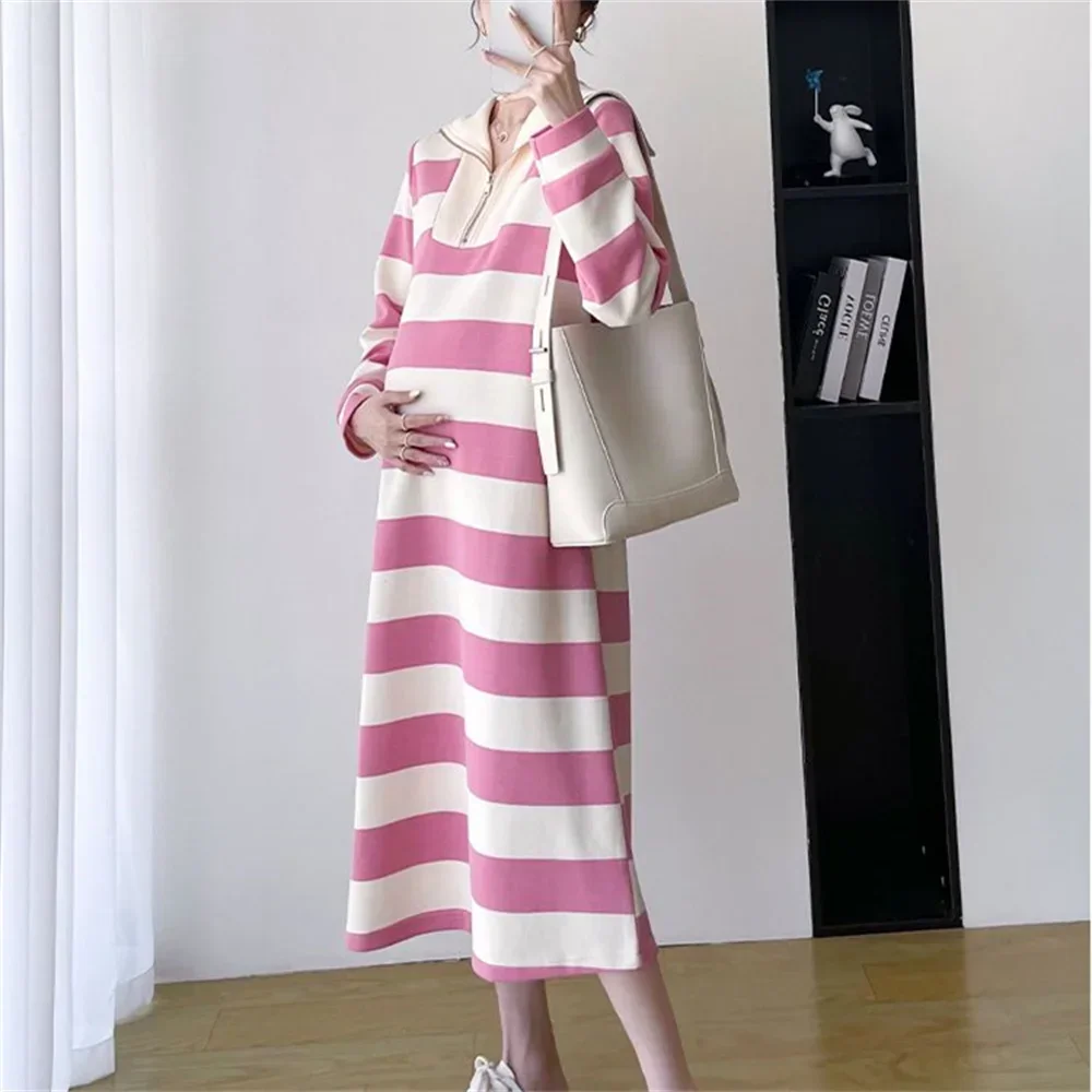 

Pregnant Women Clothing Dresses for Women 2025 Autumn Winter Korean Striped Dress Long Pullover Long Sleeved Striped Dress