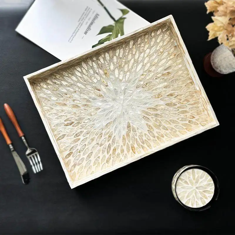 Artisanal Seashell Serving Tray, Large Rectangular Natural Pearl Platter, Stylish Catchall for Entryway & Vanity